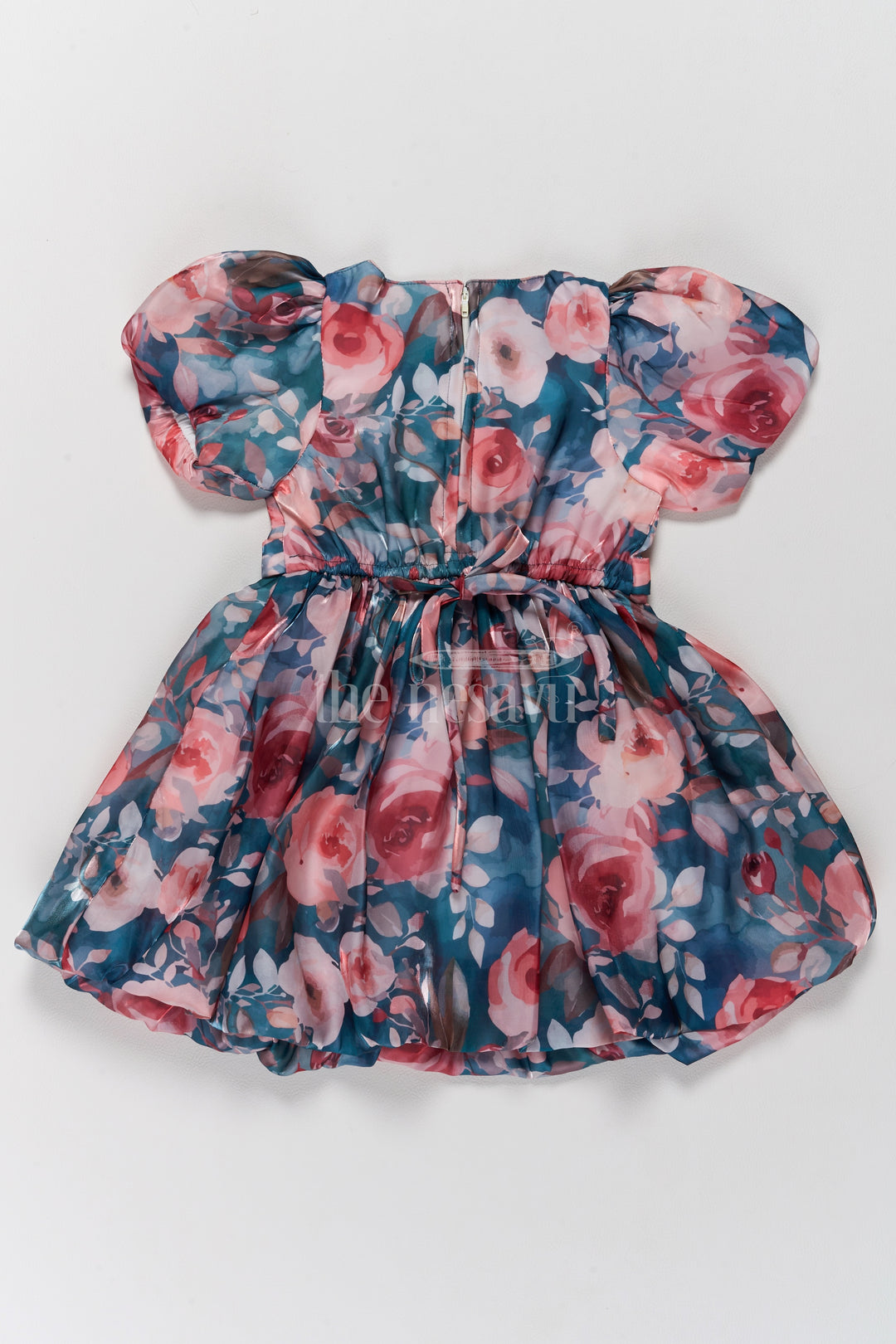 Elegant Girls Floral Fancy Frock with Puff Sleeves and Satin Belt