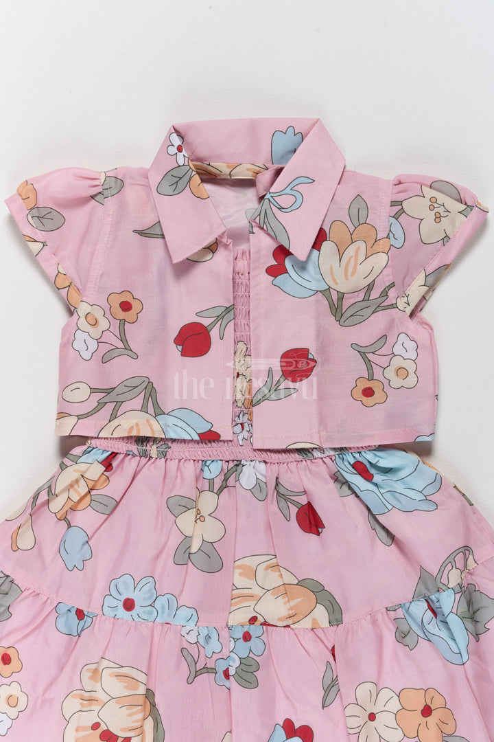 Lovely Girls Jacket Ethnic Dress with Pink Floral Patterns and Detachable Jacket