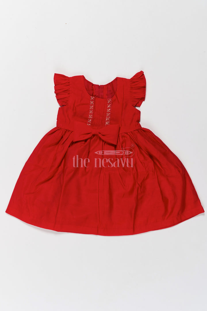 Charming Red Girls Georgette Dress with Elegant Bow and Pleated Sleeves