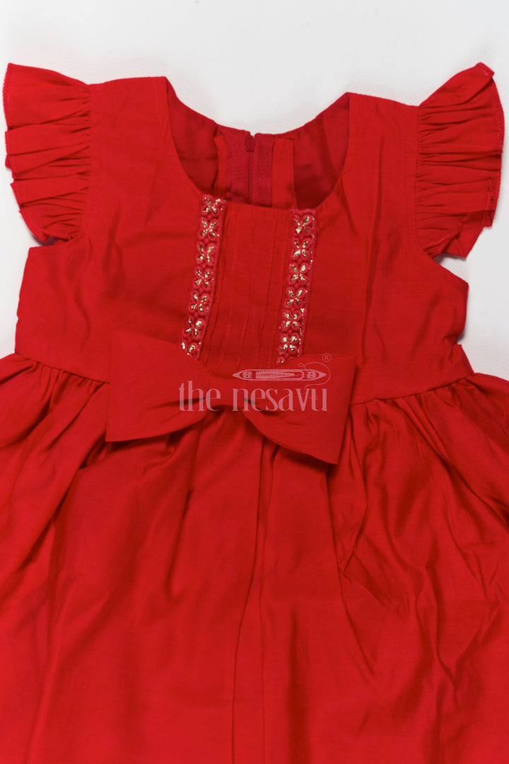 Charming Red Girls Georgette Dress with Elegant Bow and Pleated Sleeves