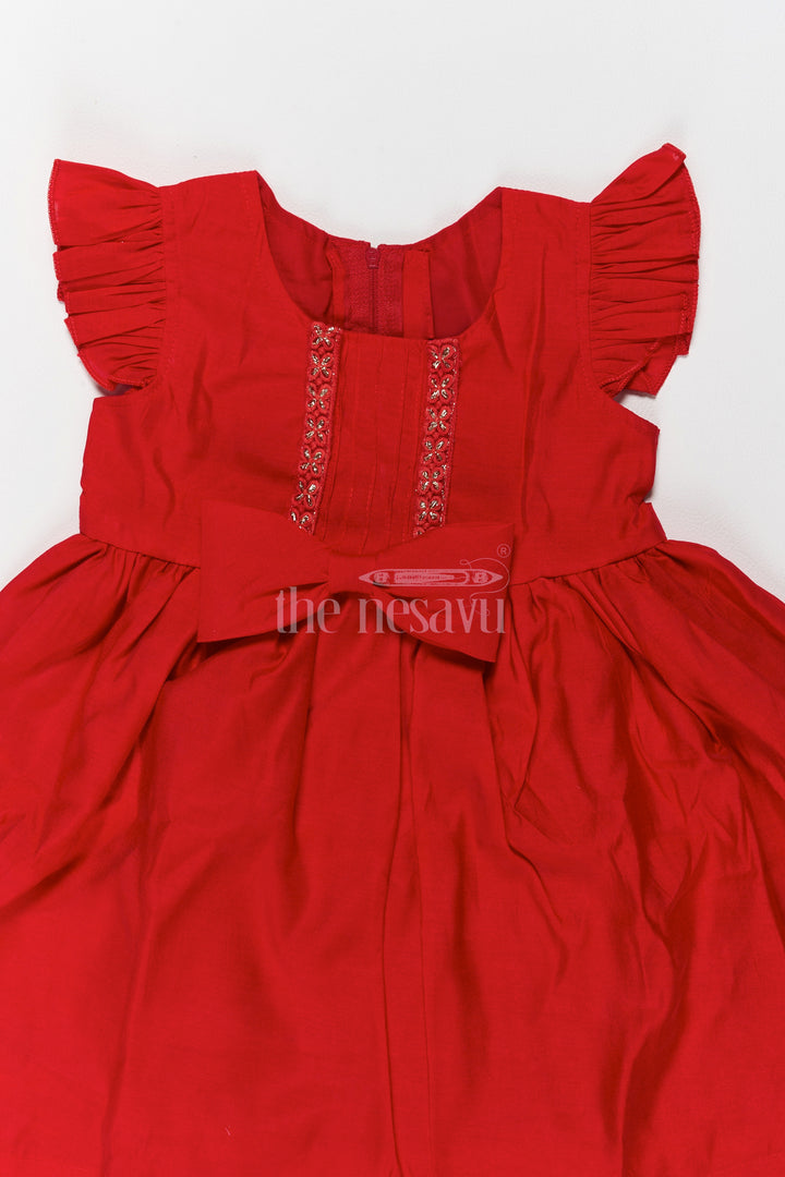 Charming Red Girls Georgette Dress with Elegant Bow and Pleated Sleeves