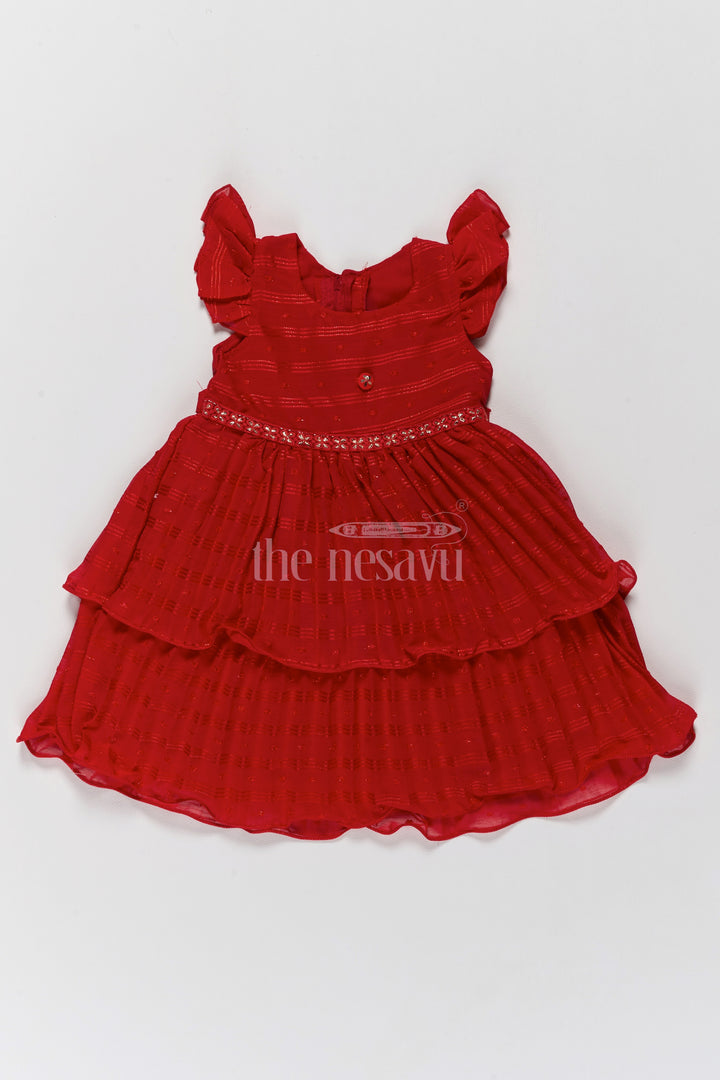 Layered Red Party Wear Frock for Girls with Tiered Design and Ruffle Sleeves