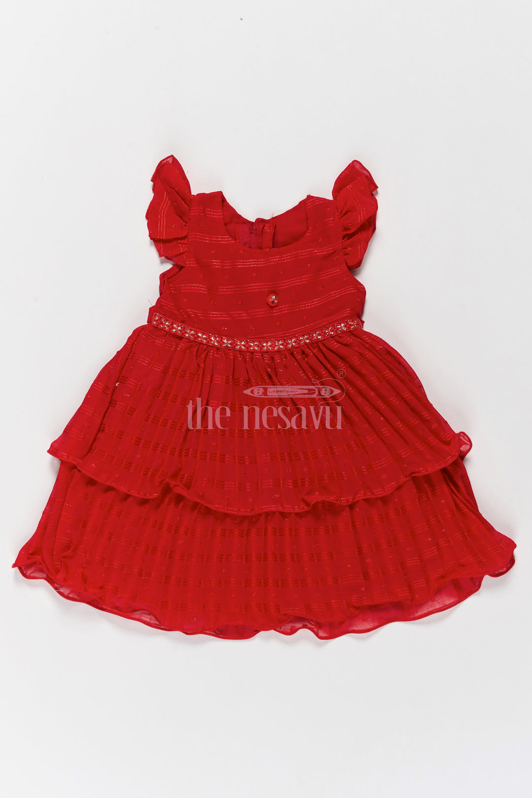 Layered Red Party Wear Frock for Girls with Tiered Design and Ruffle Sleeves