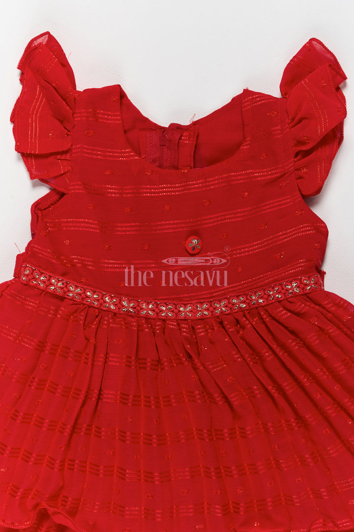 Layered Red Party Wear Frock for Girls with Tiered Design and Ruffle Sleeves