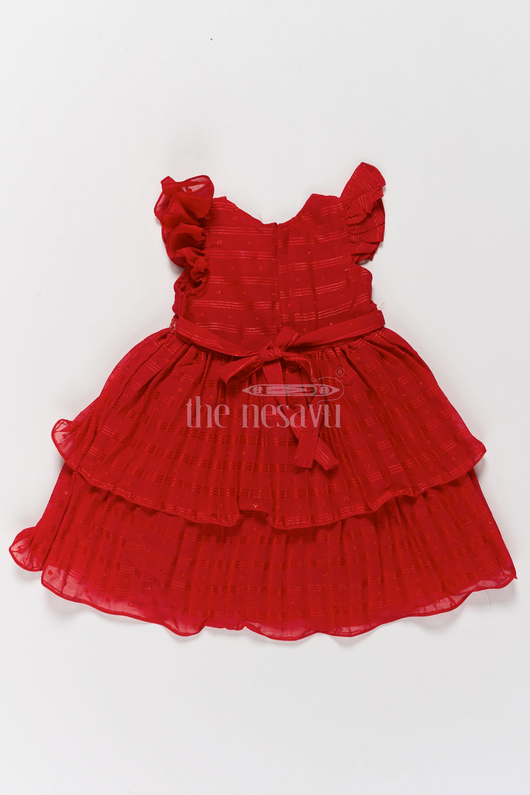 Layered Red Party Wear Frock for Girls with Tiered Design and Ruffle Sleeves