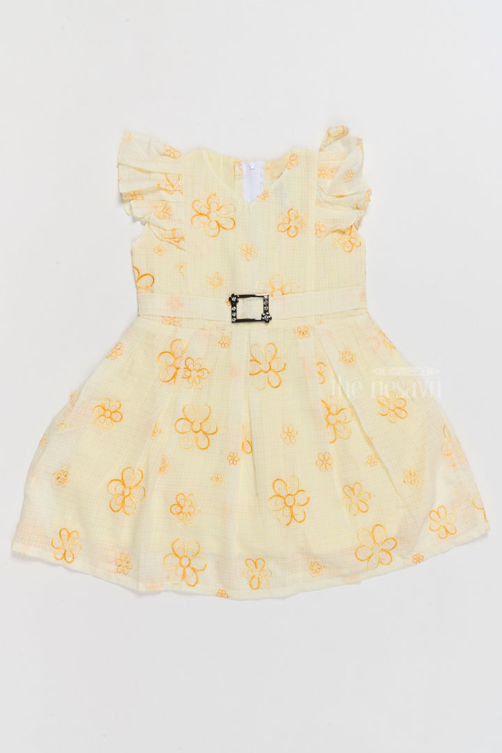 Frill Frock Cotton for Girls with Floral Embroidery and Jeweled Waist Belt