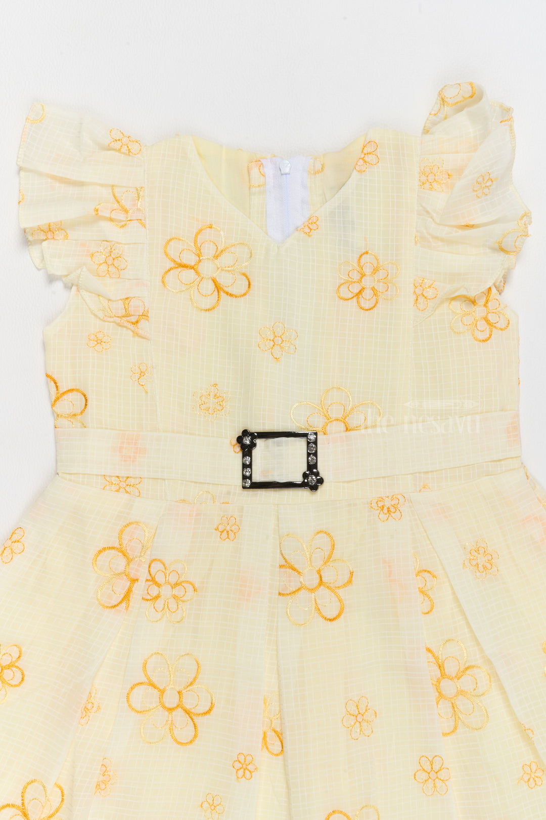 Frill Frock Cotton for Girls with Floral Embroidery and Jeweled Waist Belt