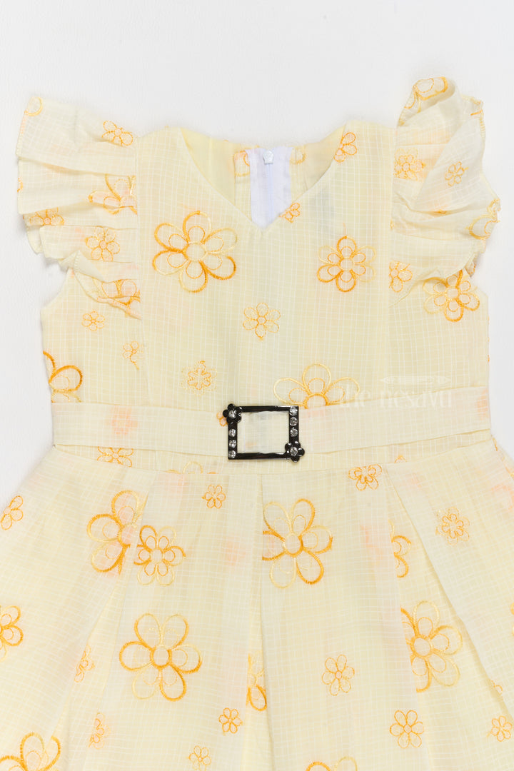 Frill Frock Cotton for Girls with Floral Embroidery and Jeweled Waist Belt