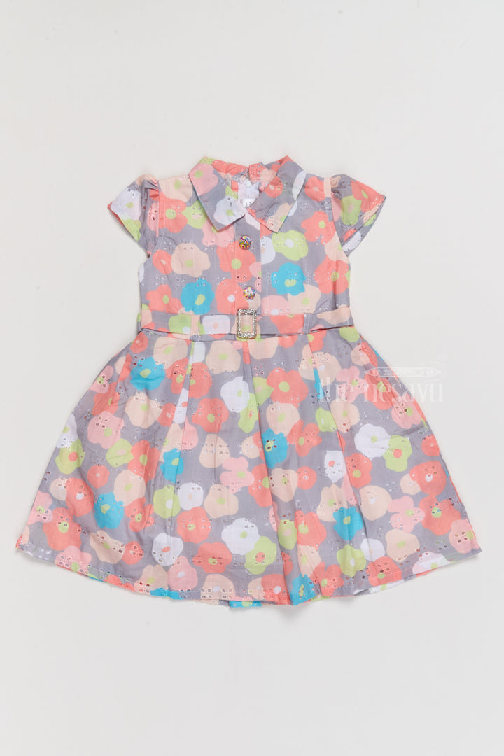 Simple Cotton Frock for Girls with Bright Floral Patterns and Waist Belt