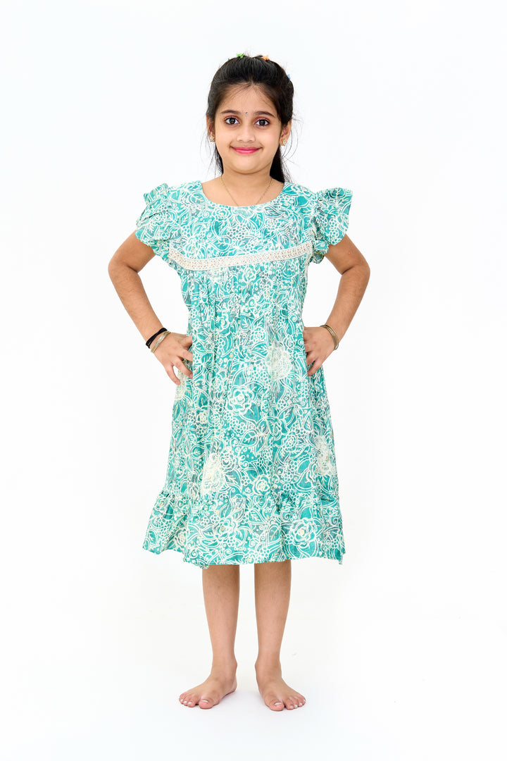 Stylish Girls Cotton One Piece Dress with Floral Print and Ruffle Hemline