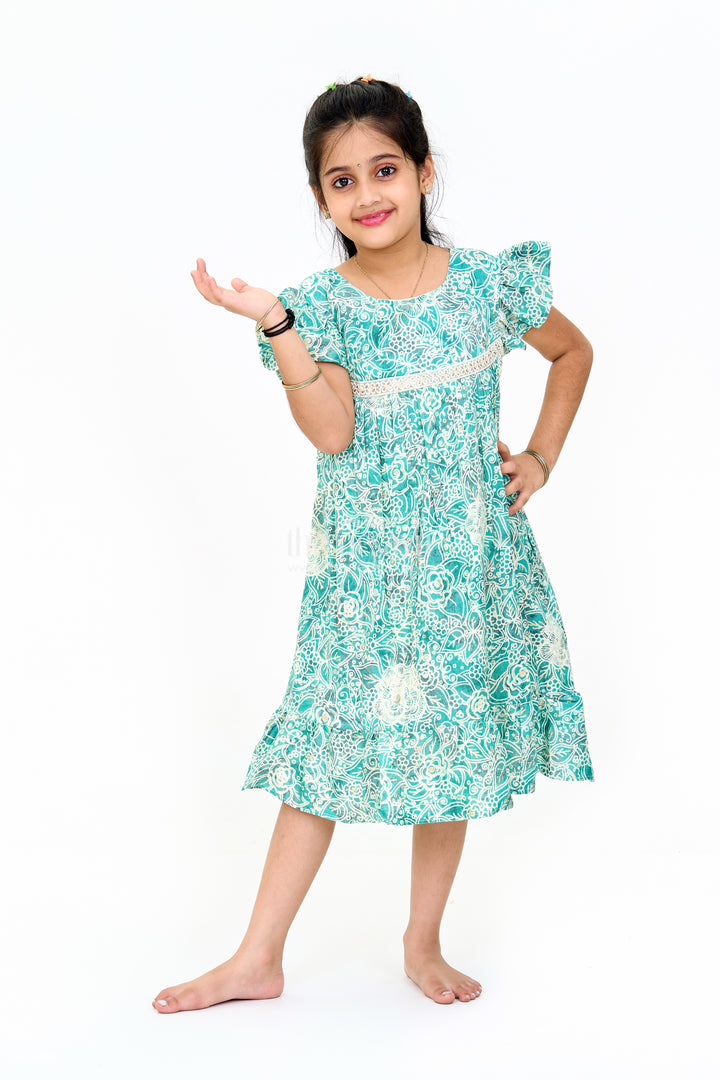 Stylish Girls Cotton One Piece Dress with Floral Print and Ruffle Hemline