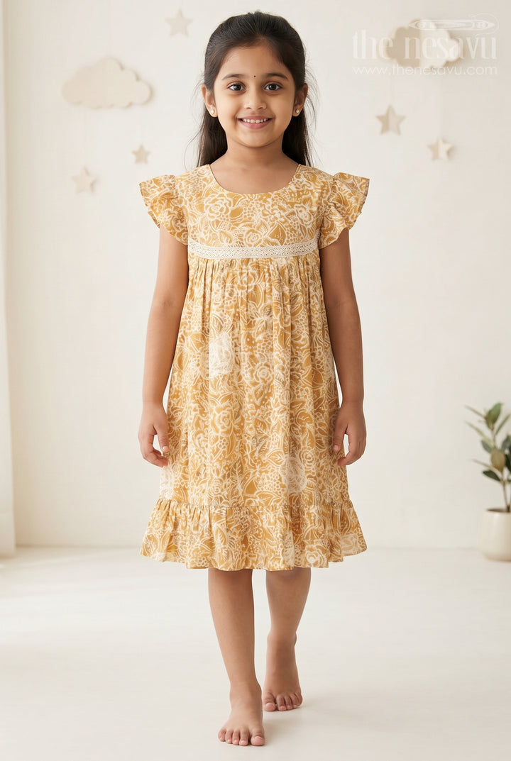 Elegant Girls Cotton Summer Dress with Vibrant Floral Pattern and Delicate Lace Design