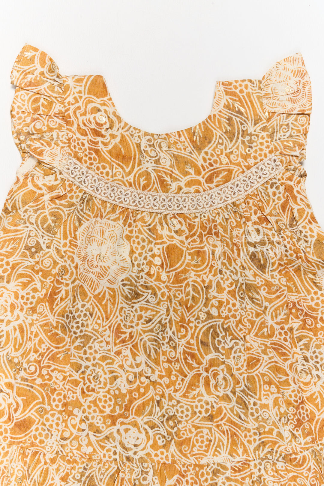 Elegant Girls Cotton Summer Dress with Vibrant Floral Pattern and Delicate Lace Design