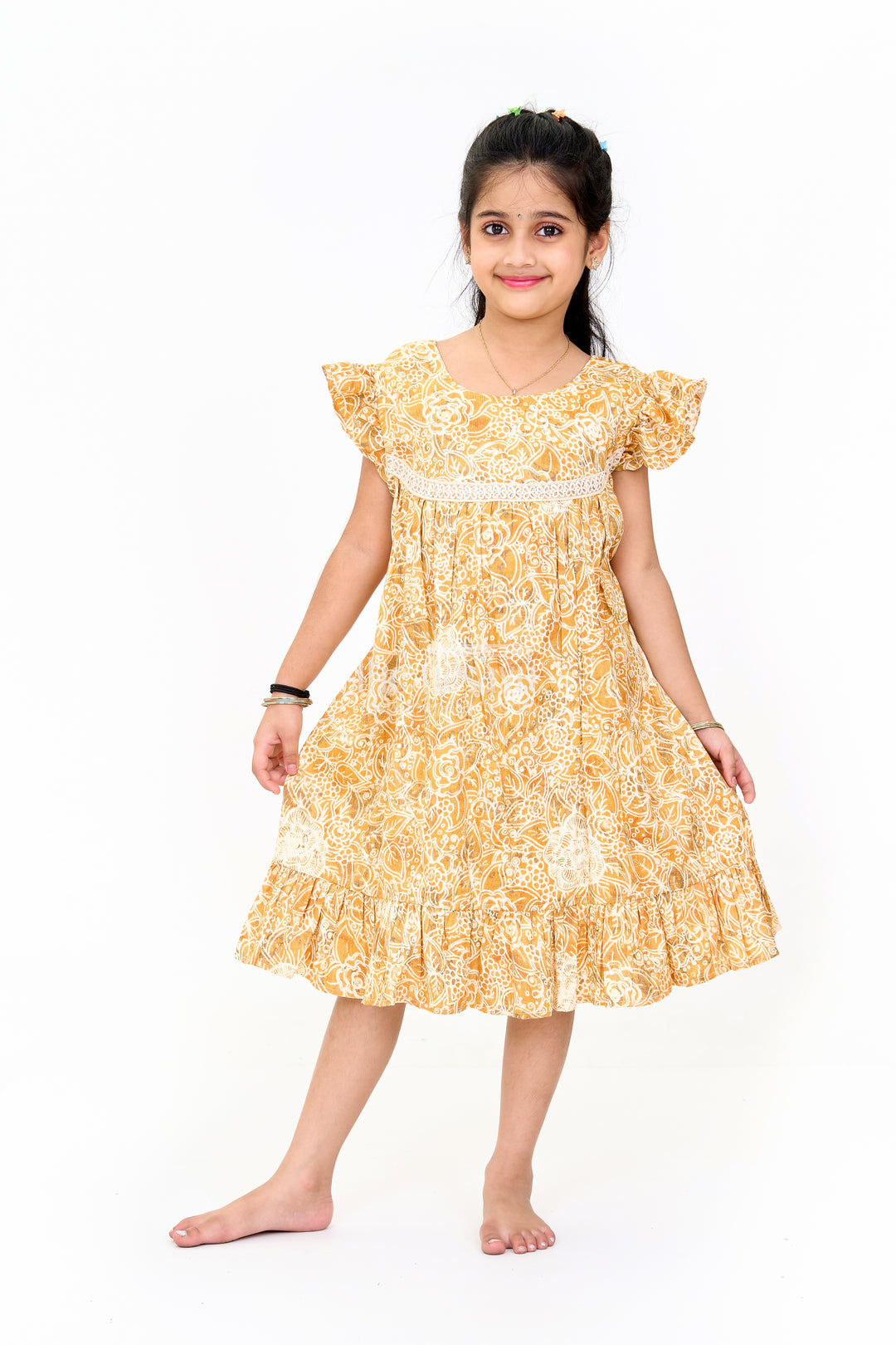 Elegant Girls Cotton Summer Dress with Vibrant Floral Pattern and Delicate Lace Design