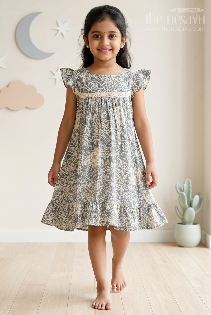 Adorable Girls Cotton Frill Frock with Lace Yoke and Botanical Floral Print