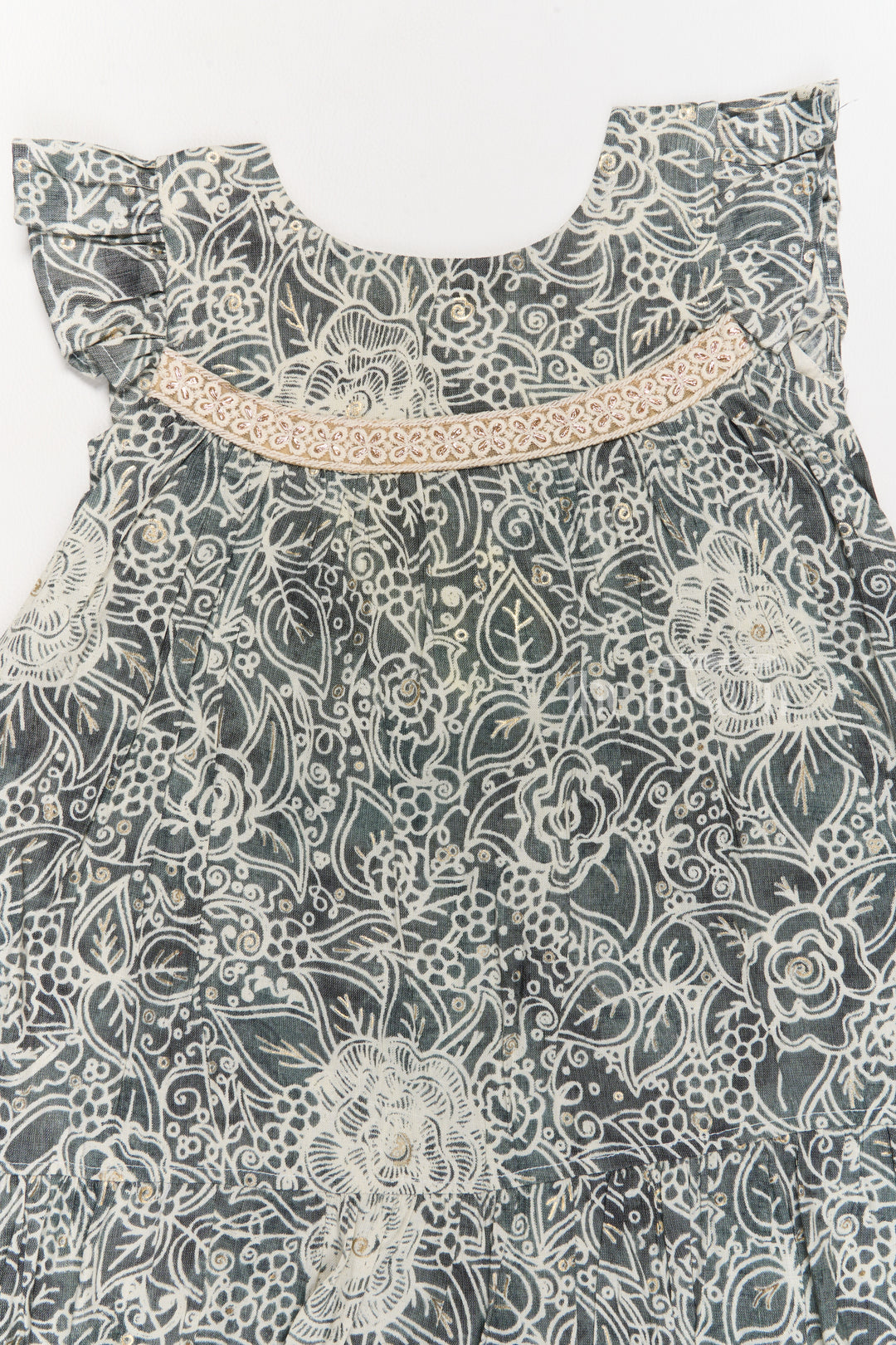 Adorable Girls Cotton Frill Frock with Lace Yoke and Botanical Floral Print