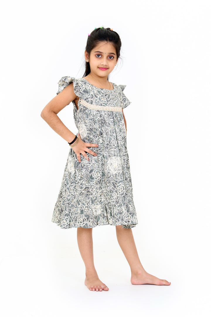 Adorable Girls Cotton Frill Frock with Lace Yoke and Botanical Floral Print