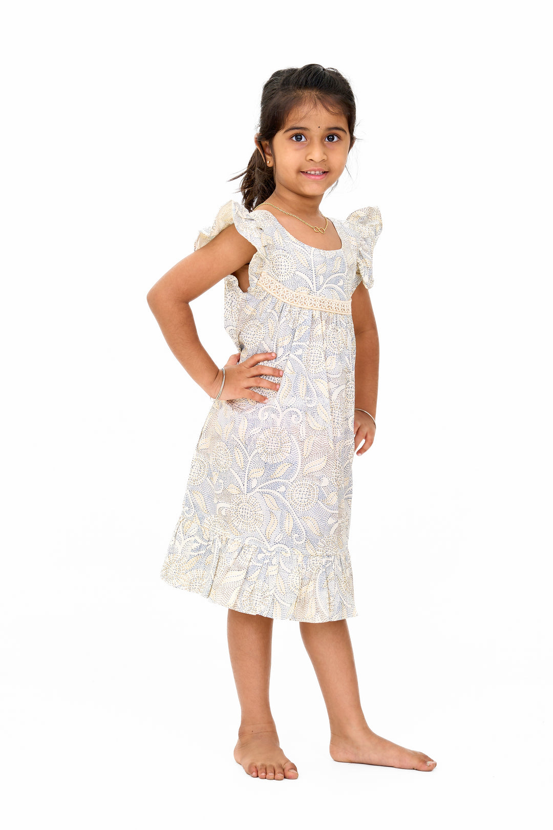 Elegant Girls Floral Cotton Dress with Vibrant Print and Ruffle Details