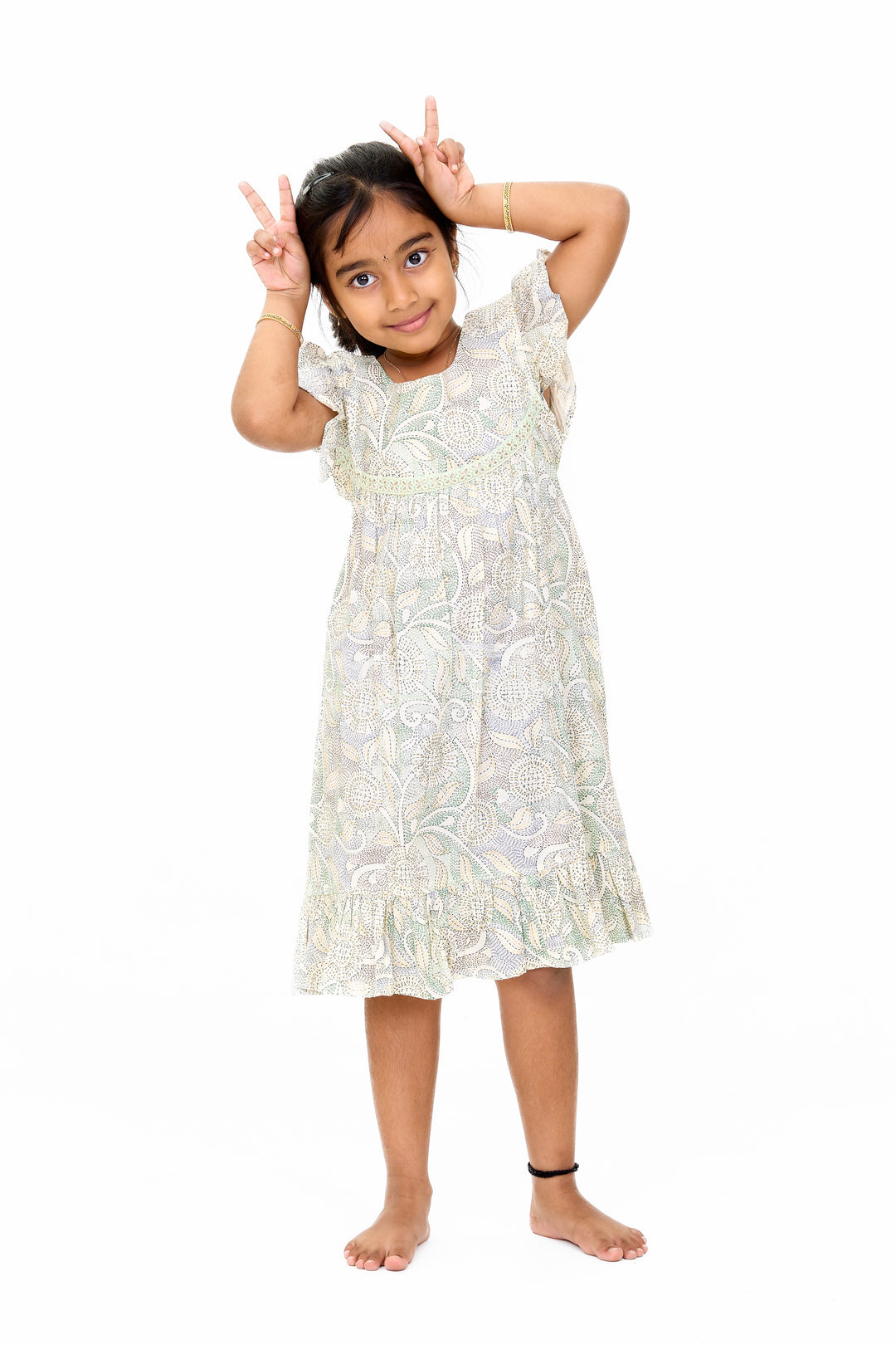 Charming Girls Ethnic Cotton Dress with Traditional Floral Print and Delicate Lace