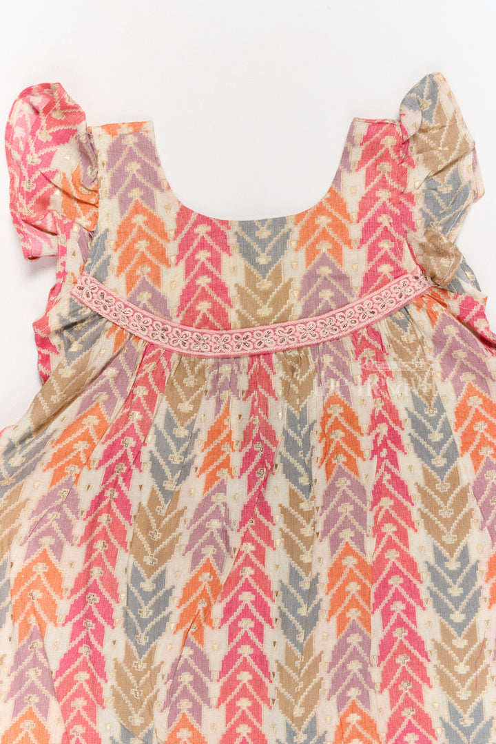 Elegant Girls Cotton Chikan Dress with Vibrant Chevron Print and Intricate Lace Details