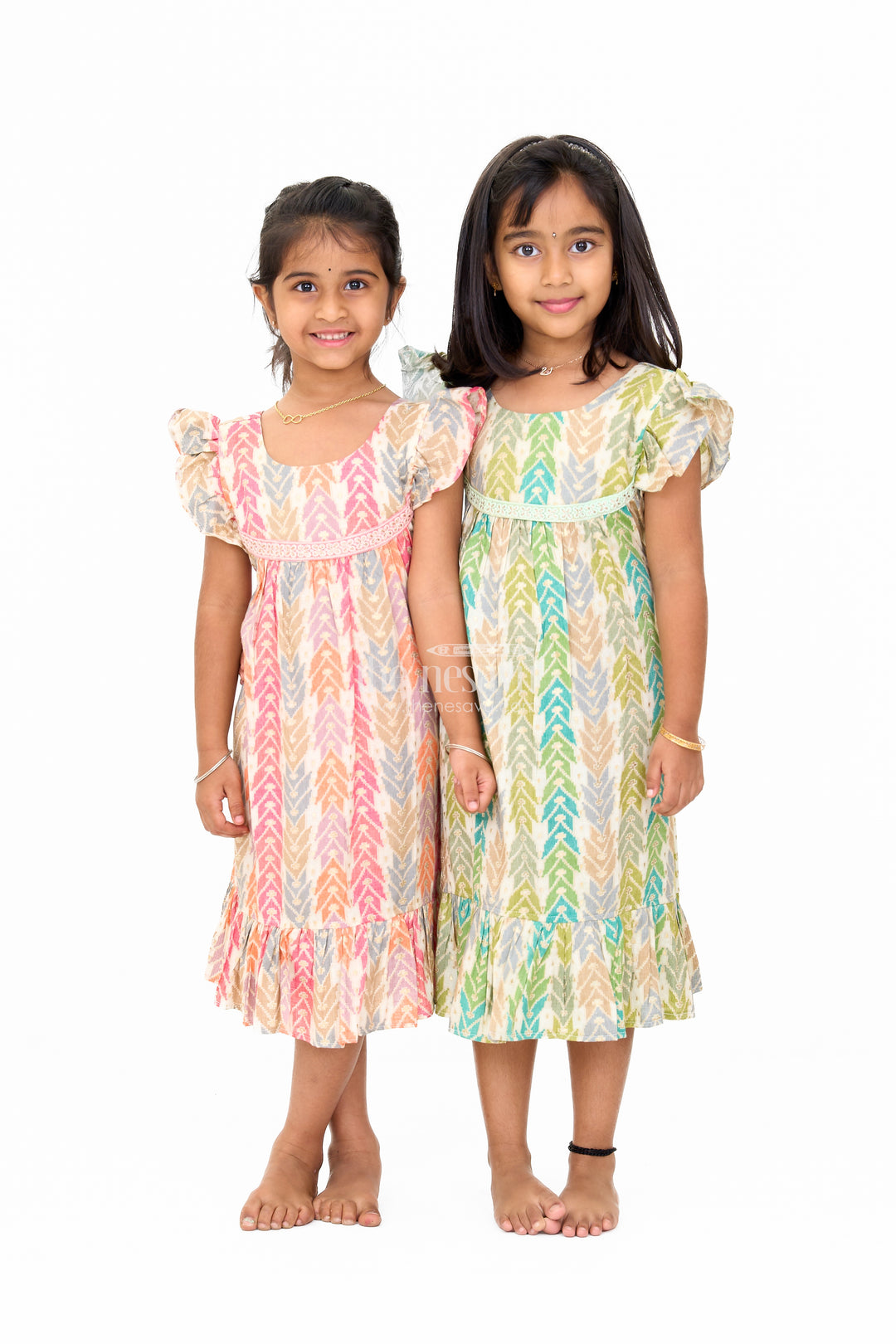 Elegant Girls Cotton Chikan Dress with Vibrant Chevron Print and Intricate Lace Details