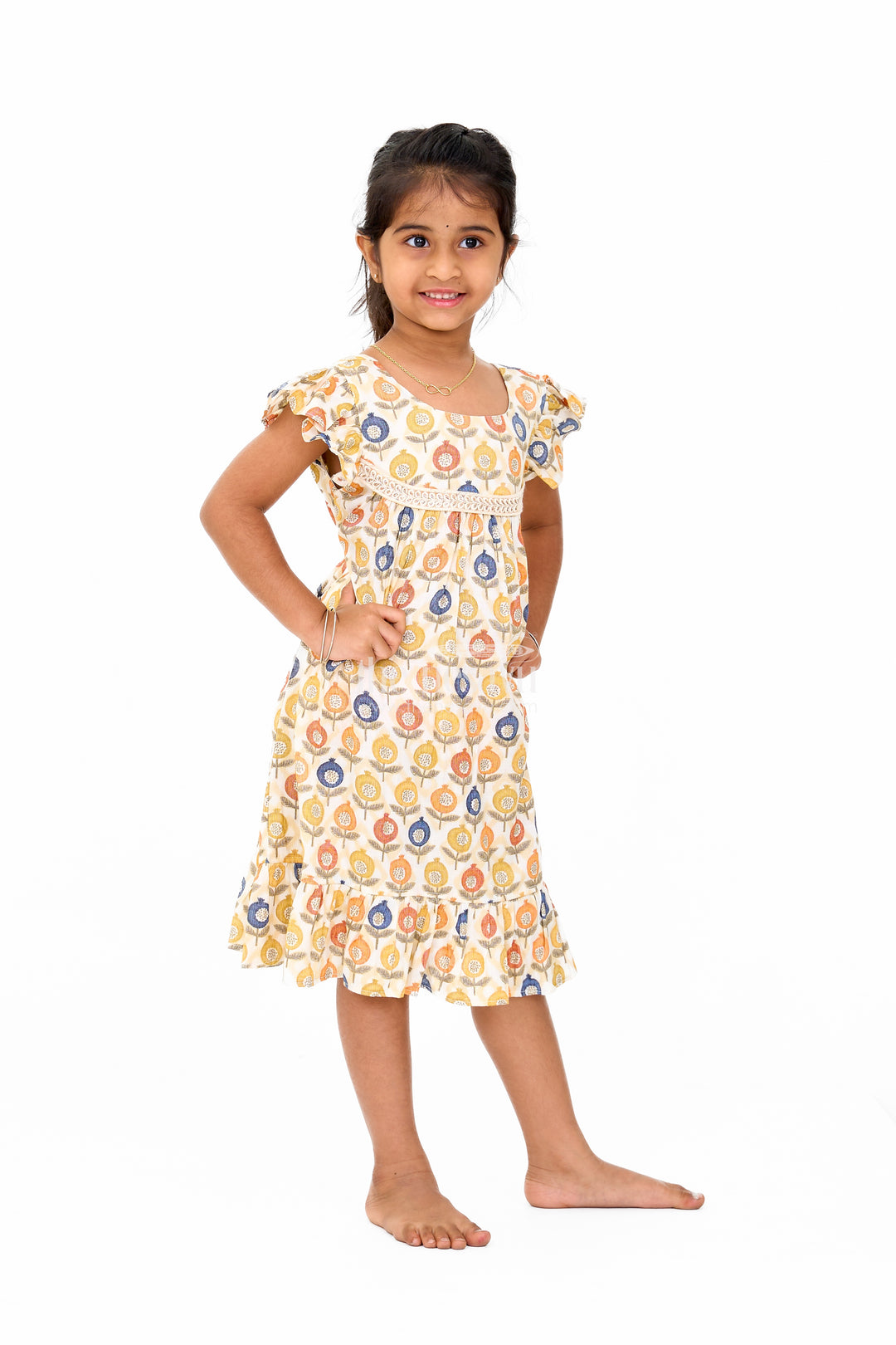 Stylish Girls Cotton Daily Wear Dress with Vibrant Floral Pattern and Ruffle Details