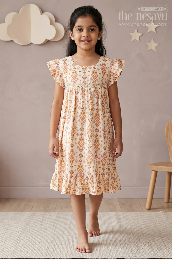 Elegant Girls Cotton Dress Fashion with Geometric Print and Delicate Lace Design