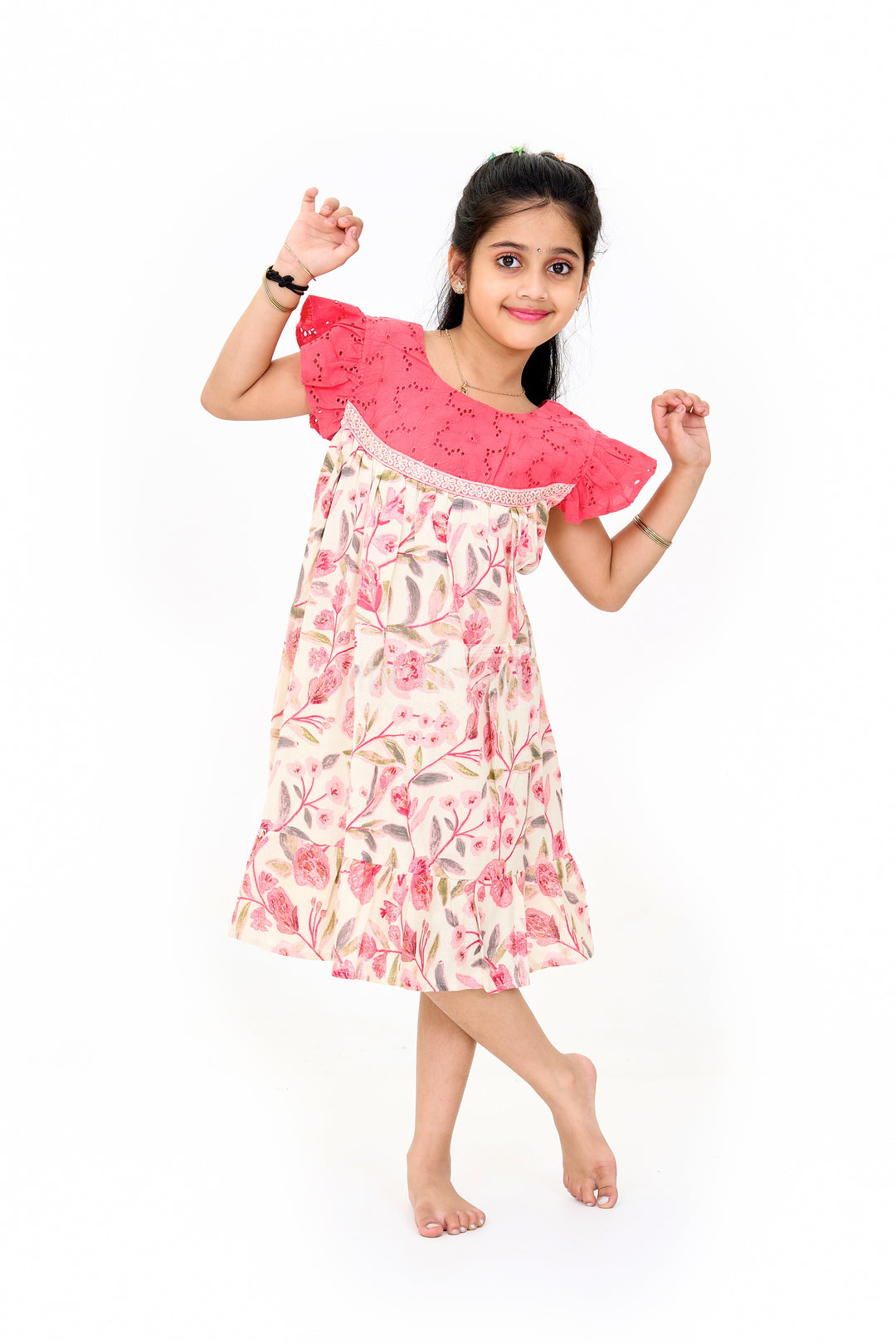 Charming Girls Cotton Lined Dress with Floral Print and Elegant Lace Detailing