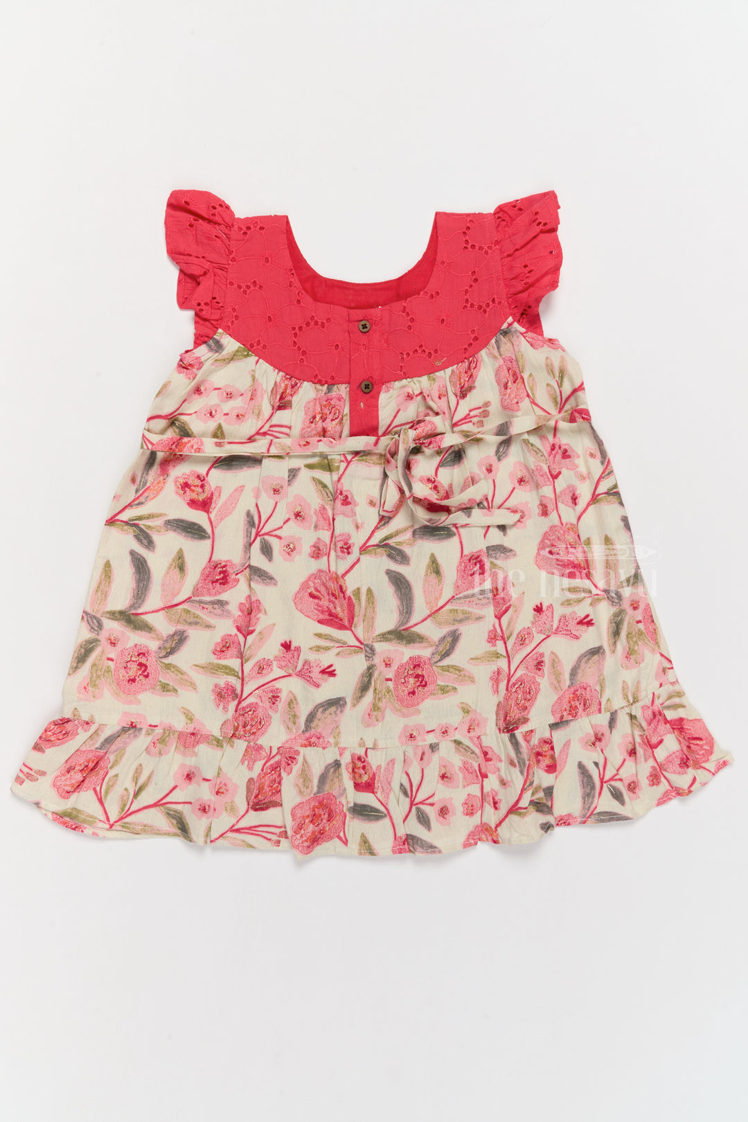 Charming Girls Cotton Lined Dress with Floral Print and Elegant Lace Detailing