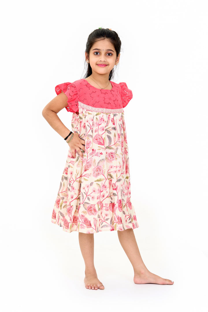 Charming Girls Cotton Lined Dress with Floral Print and Elegant Lace Detailing