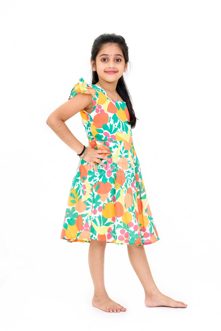 Vibrant Girls Cotton Ki Gown with Bold Fruit Print and Flutter Sleeves