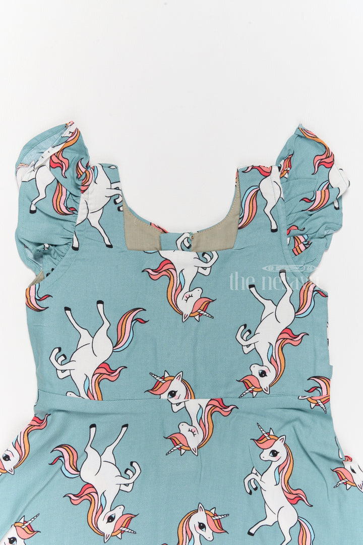 Stylish Girls Cotton Straight Dress with Unicorn Print and Ruffled Sleeves