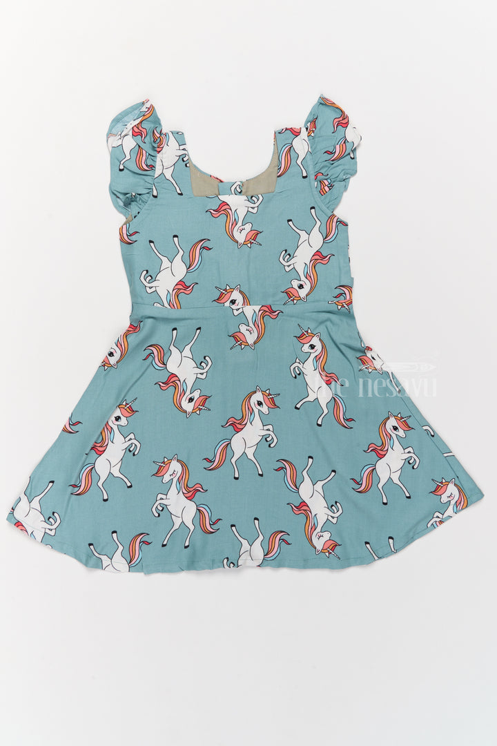 Stylish Girls Cotton Straight Dress with Unicorn Print and Ruffled Sleeves