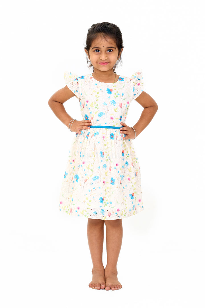 Girls Cotton Fancy Frock with Embroidered Floral Patterns and Flutter Sleeves