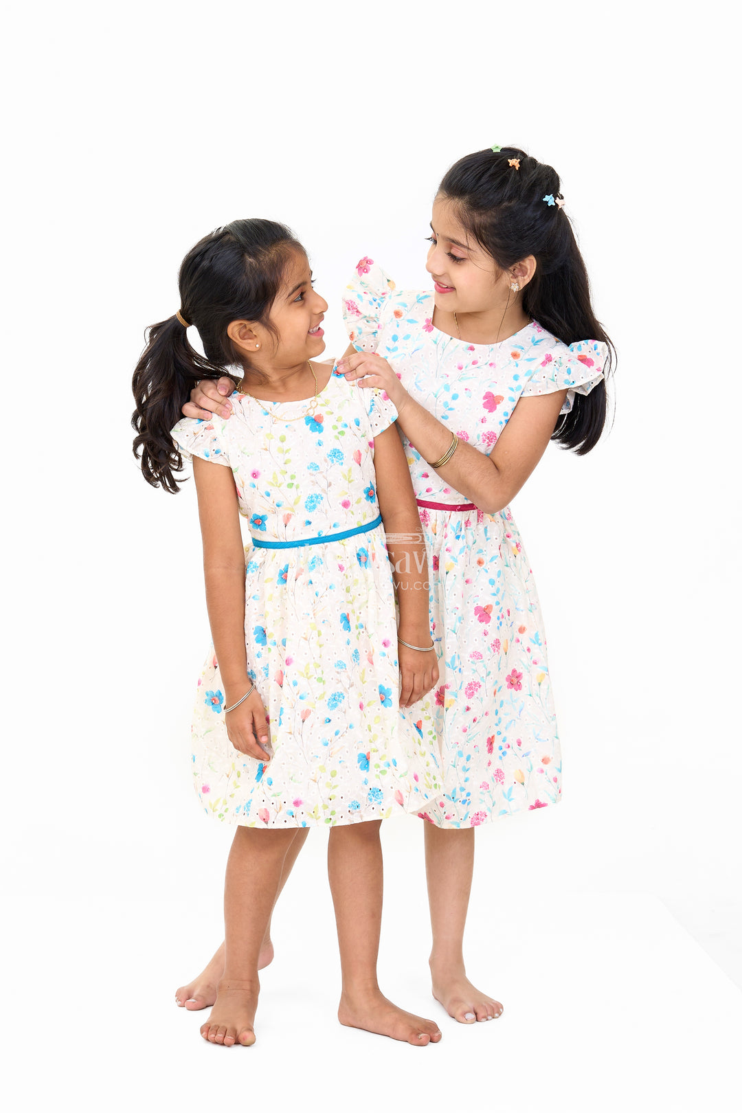 Girls Cotton Fancy Frock with Embroidered Floral Patterns and Flutter Sleeves