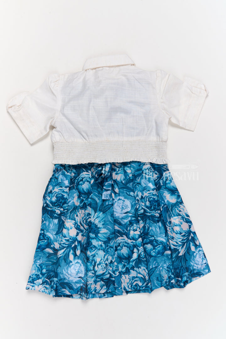 Girls Chiffon Easter Dress with Blue Floral Satin Skirt and Cropped Shrug