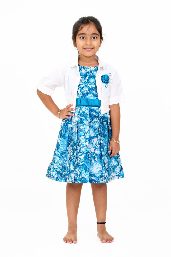 Girls Chiffon Easter Dress with Blue Floral Satin Skirt and Cropped Shrug