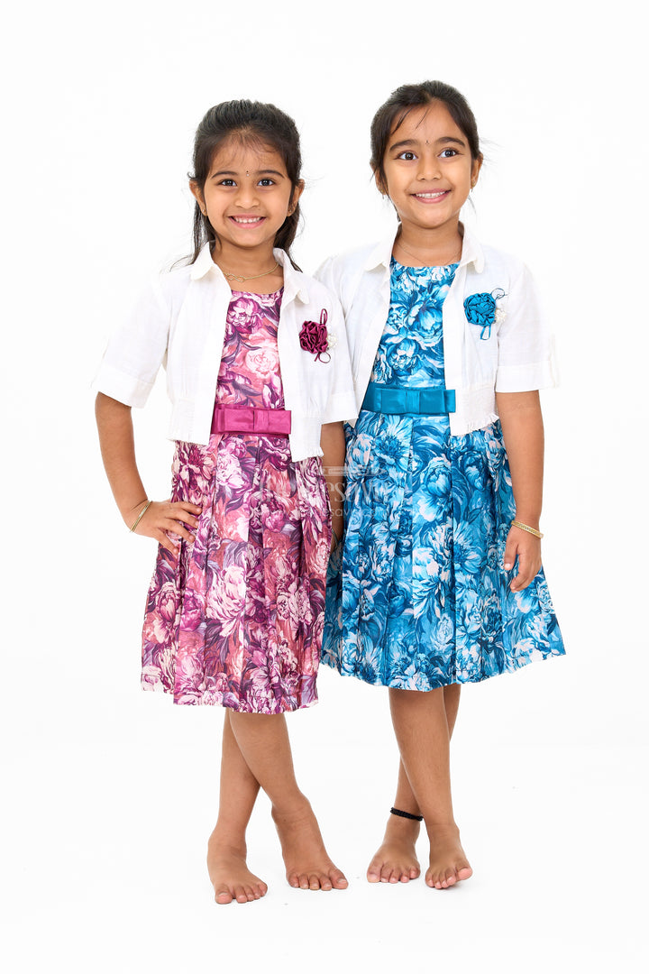 Girls Chiffon Easter Dress with Blue Floral Satin Skirt and Cropped Shrug