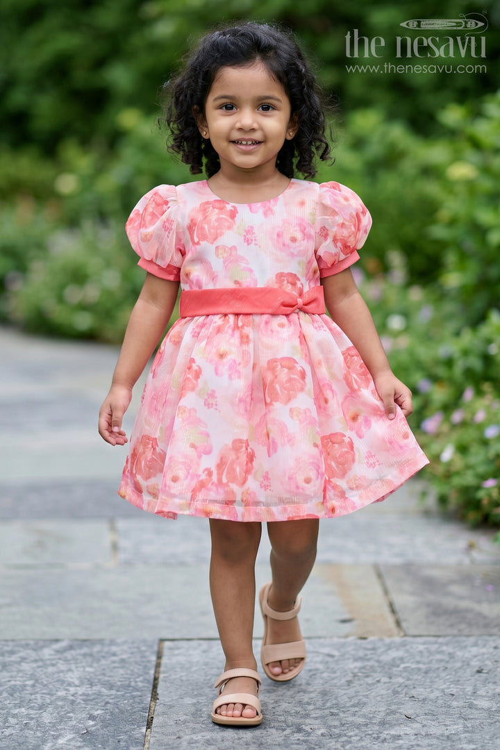 Girls Wedding Wear Georgette Dress with Peach Floral Print and Puff Sleeves