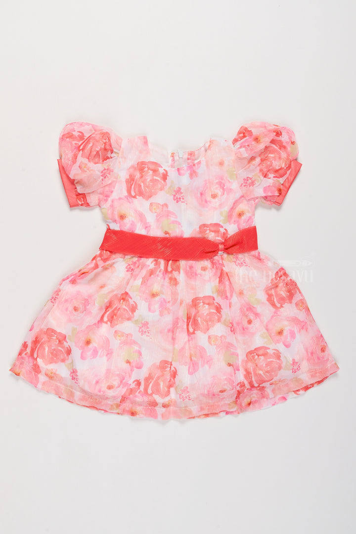 Girls Wedding Wear Georgette Dress with Peach Floral Print and Puff Sleeves