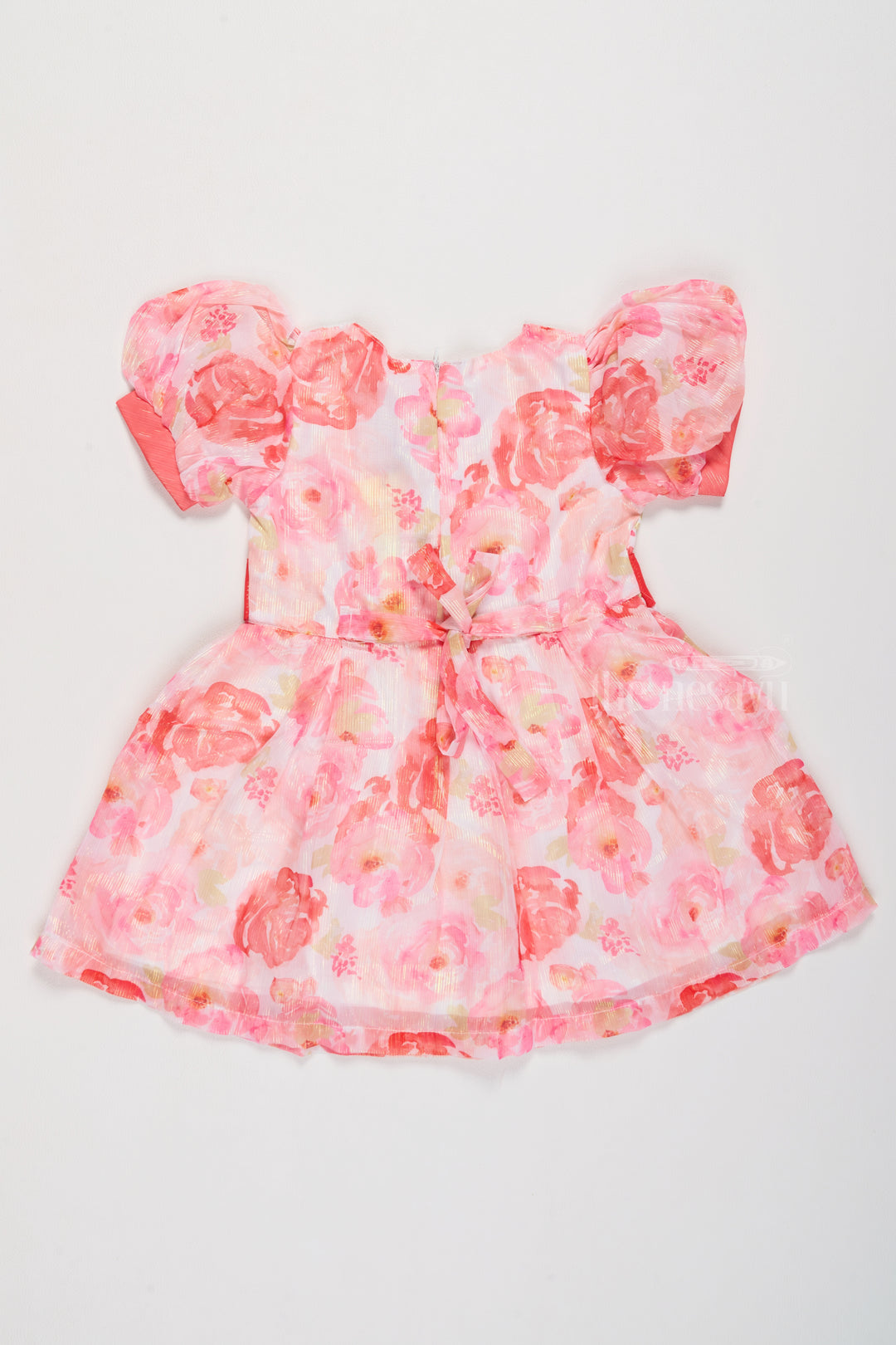 Girls Wedding Wear Georgette Dress with Peach Floral Print and Puff Sleeves