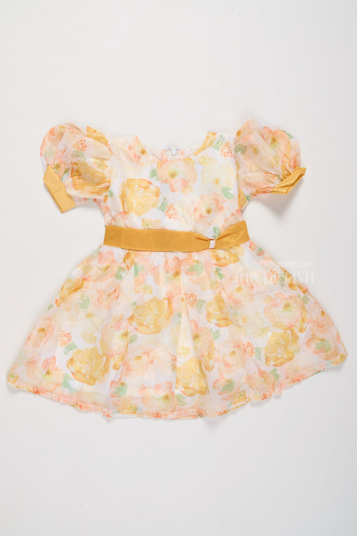 Girls Fancy Party Dress with Yellow Floral Georgette Design and Puff Sleeves