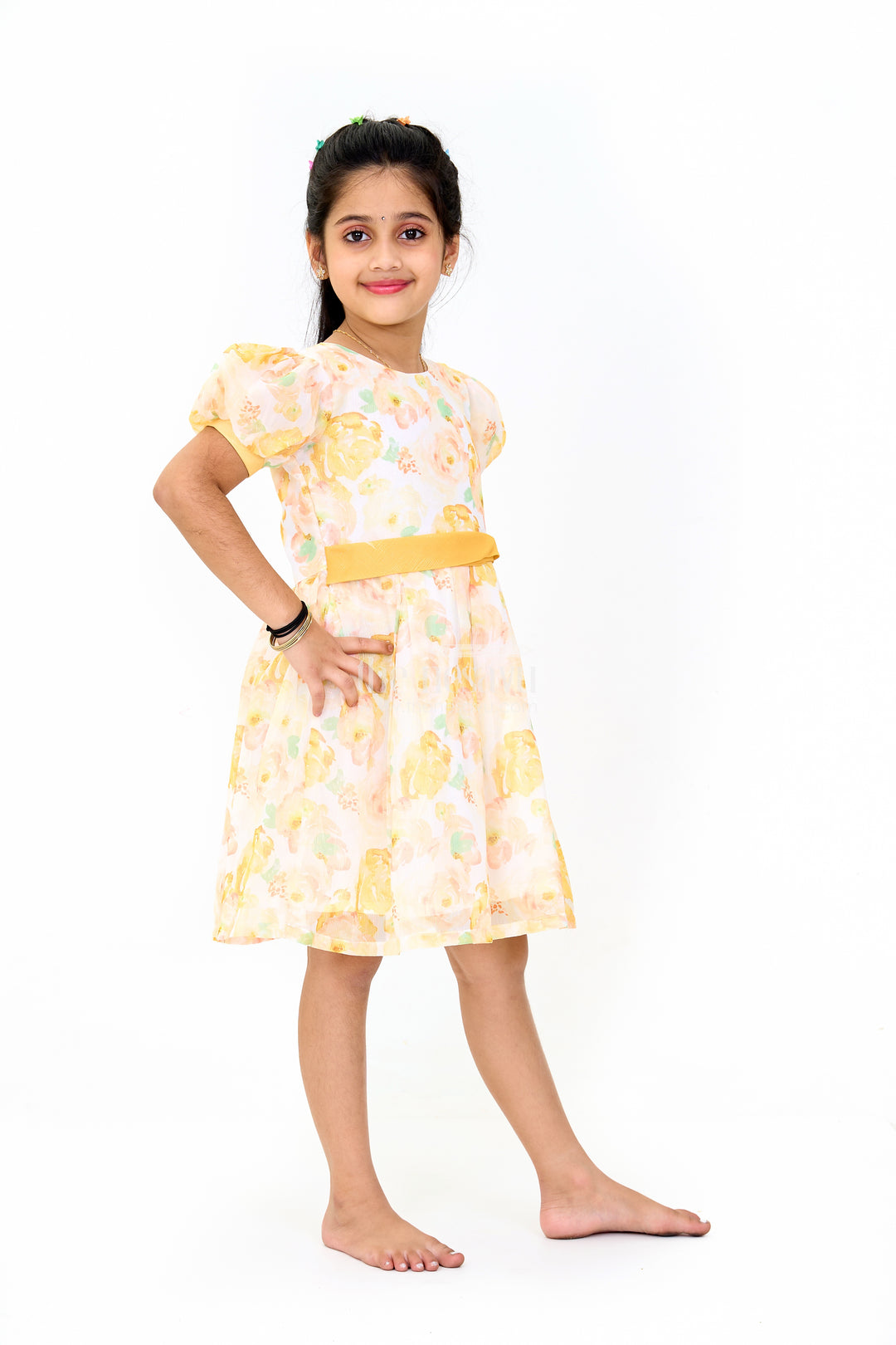 Girls Fancy Party Dress with Yellow Floral Georgette Design and Puff Sleeves