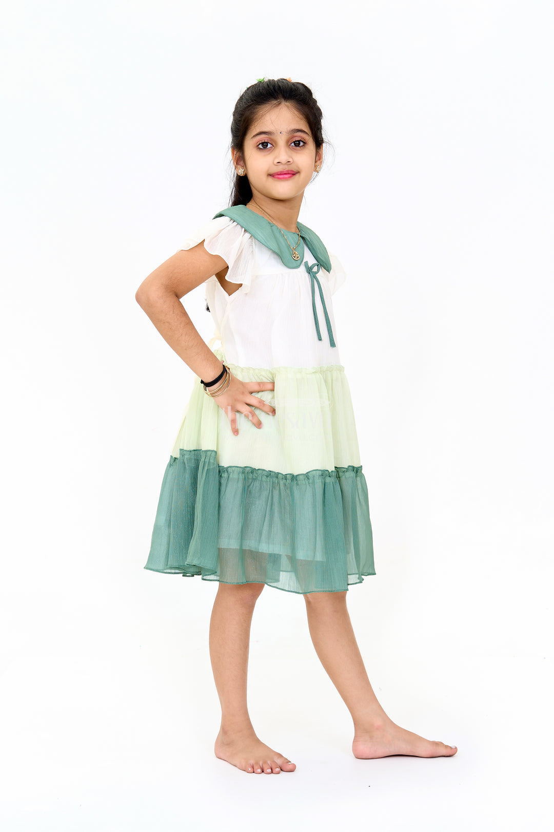 Girls Fancy Gown with Green Tiered Skirt and Oversized Collar