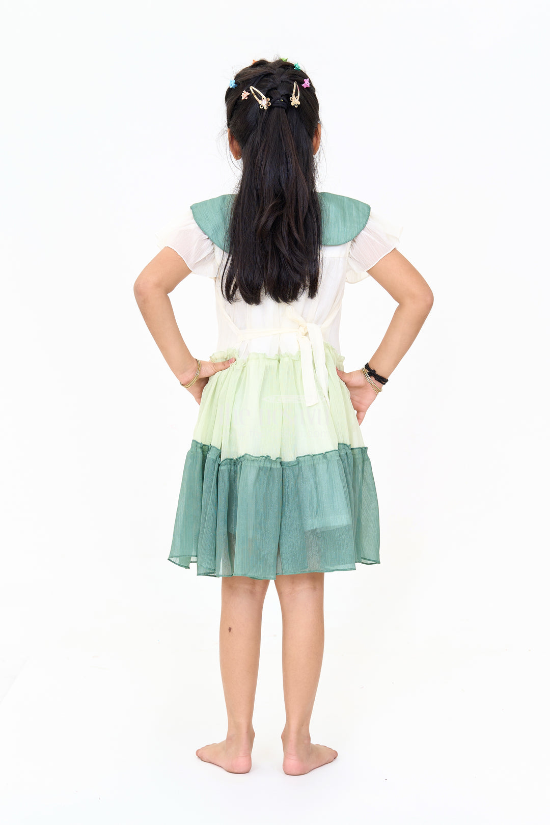 Girls Fancy Gown with Green Tiered Skirt and Oversized Collar