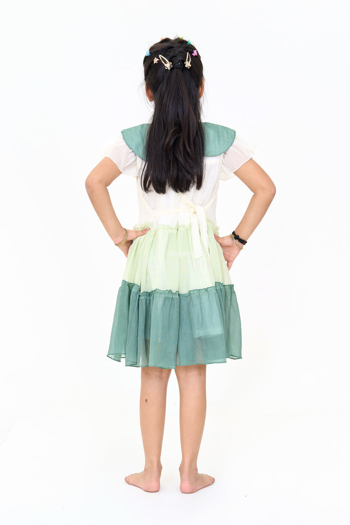 Girls Fancy Gown with Green Tiered Skirt and Oversized Collar