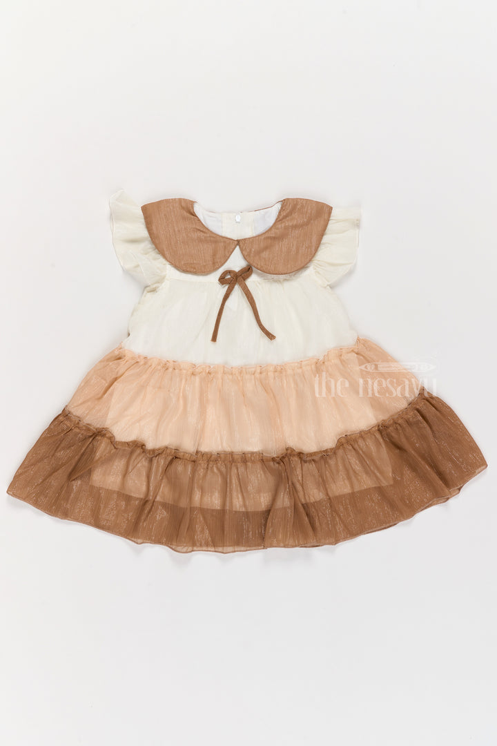 Girls Fancy Gown Party Wear with Brown Tiered Skirt and Oversized Collar