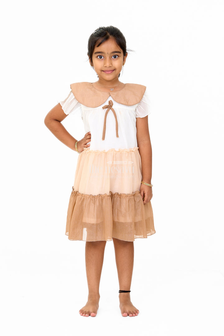 Girls Fancy Gown Party Wear with Brown Tiered Skirt and Oversized Collar