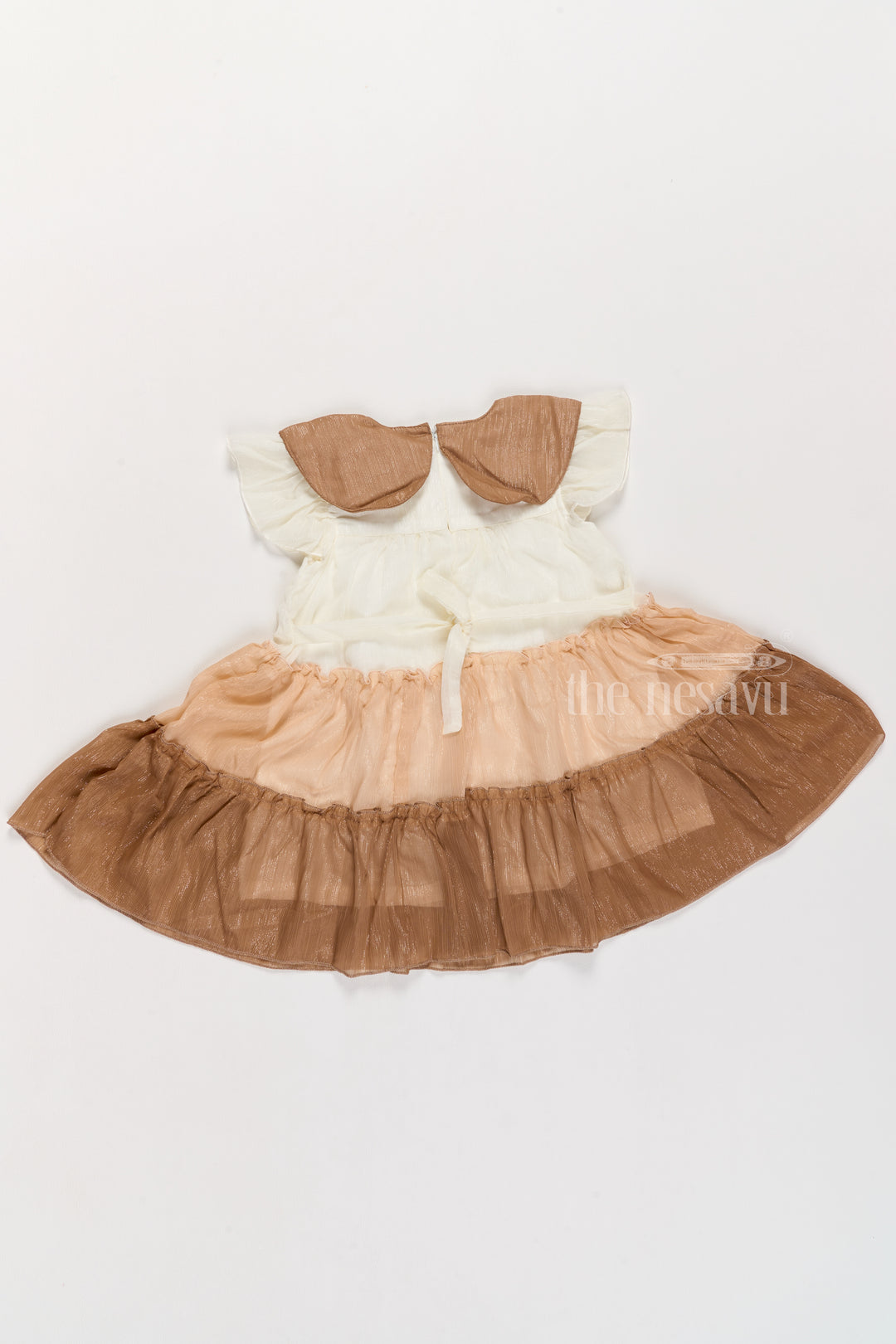 Girls Fancy Gown Party Wear with Brown Tiered Skirt and Oversized Collar