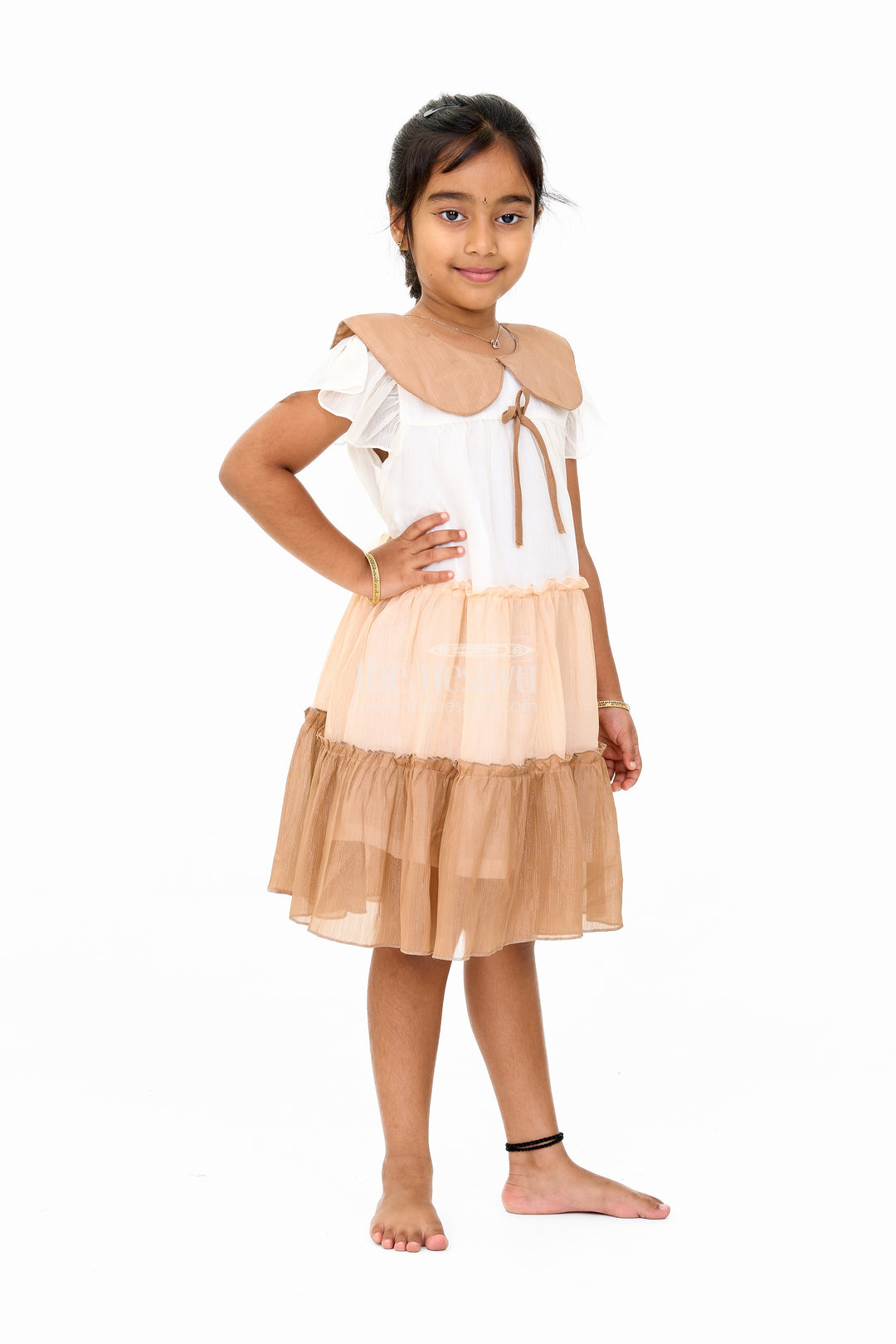 Girls Fancy Gown Party Wear with Brown Tiered Skirt and Oversized Collar